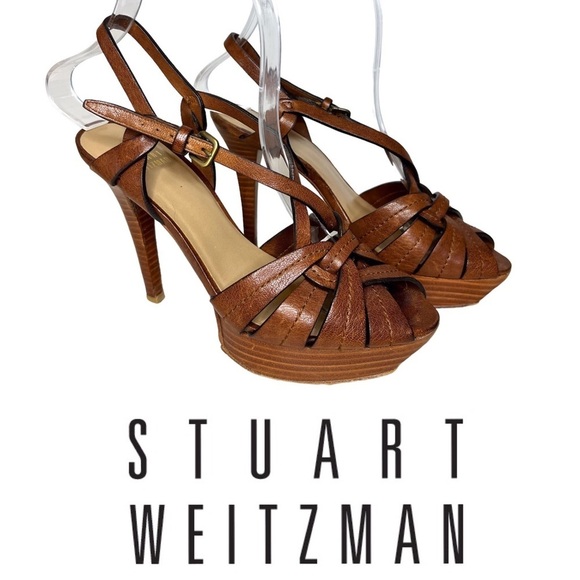 Stuart Weizmann However Platform Brown Leather Ankle Strappy Sandals - Picture 1 of 14